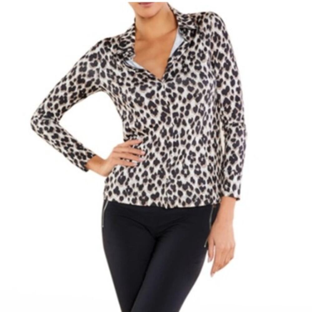 Anatomie Danica Super Jersey Top Leopard Print Snap Front Travel Shirt MSRP $268
